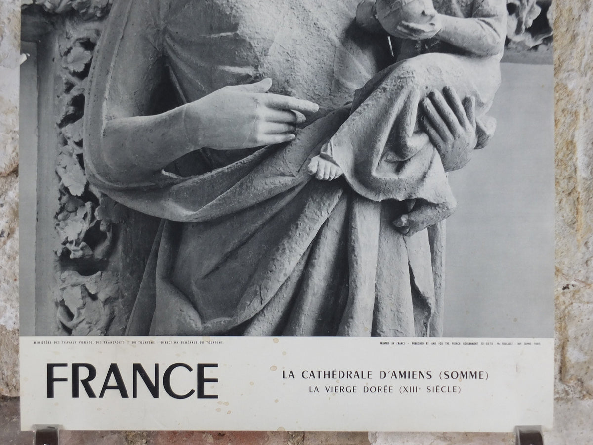 1960s Amiens Cathedral Poster, Mary and baby Jesus statue, France, travel wall art decor