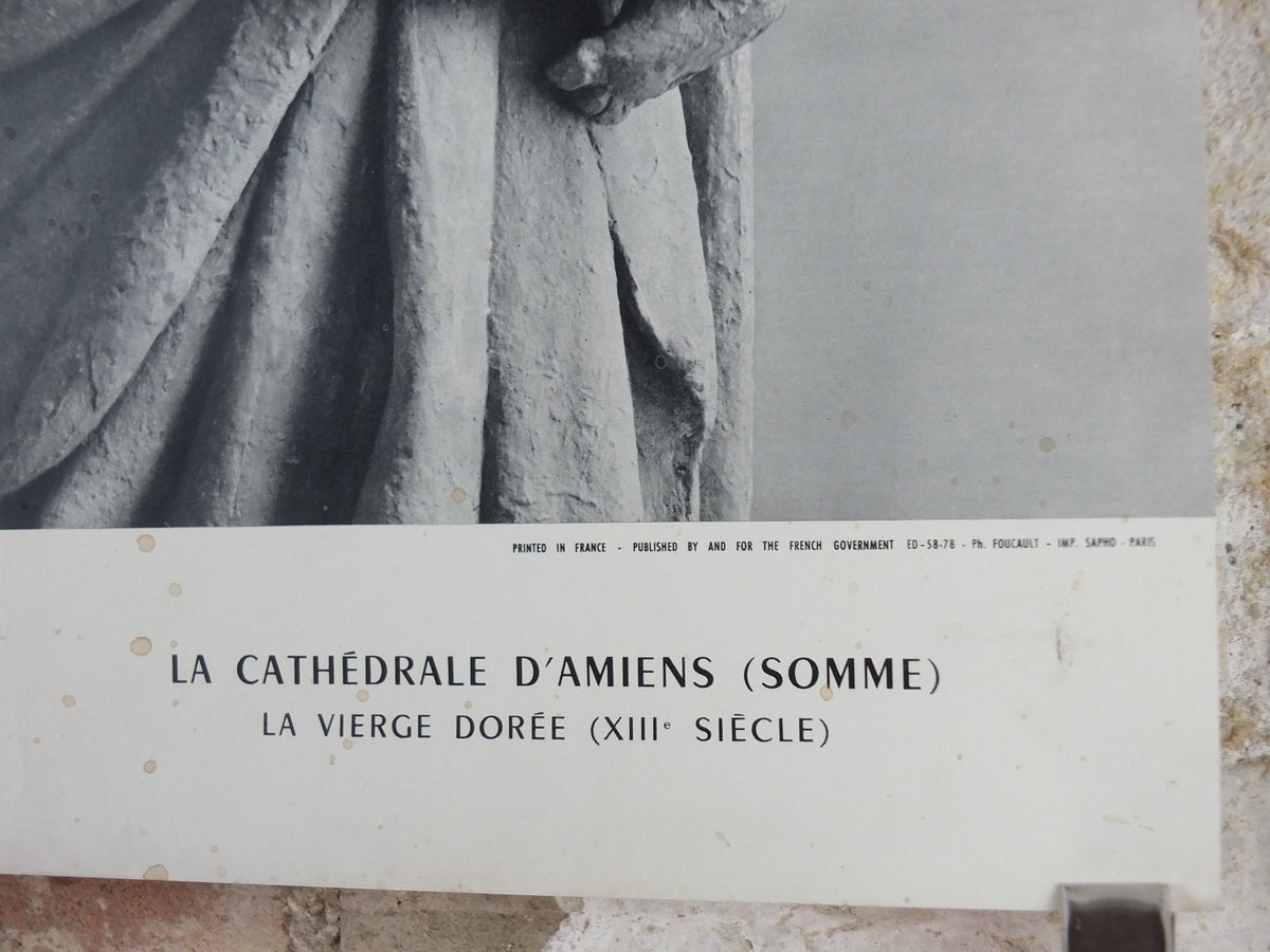 1960s Amiens Cathedral Poster, Mary and baby Jesus statue, France, travel wall art decor