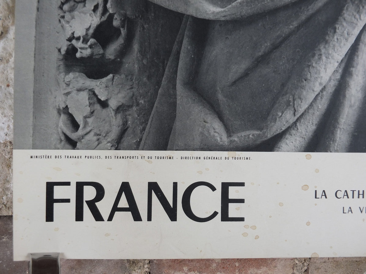 1960s Amiens Cathedral Poster, Mary and baby Jesus statue, France, travel wall art decor