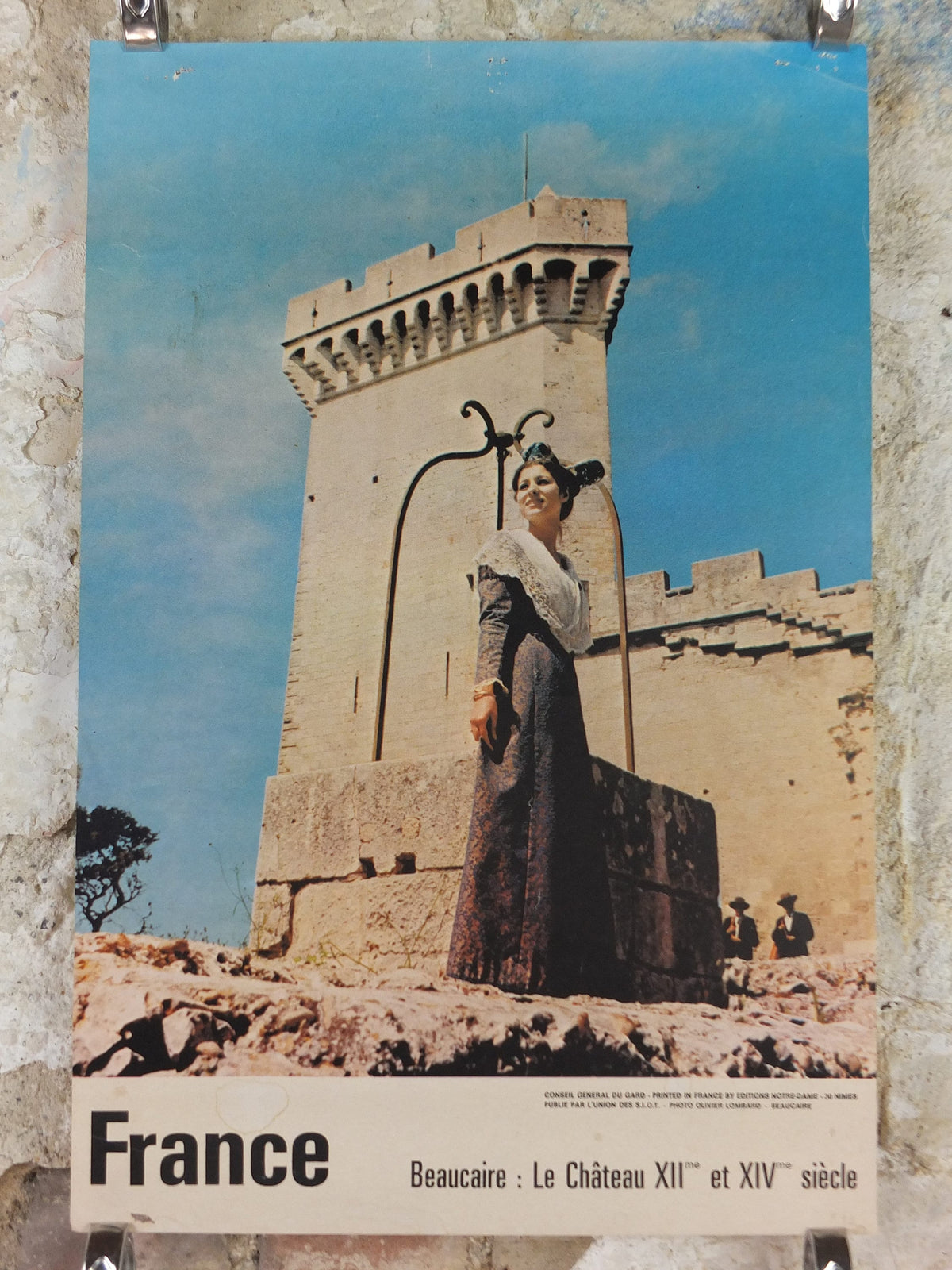 1960s Château de Beaucaire Nimes Poster, young lady in front of medieval castle, France, travel wall art decor