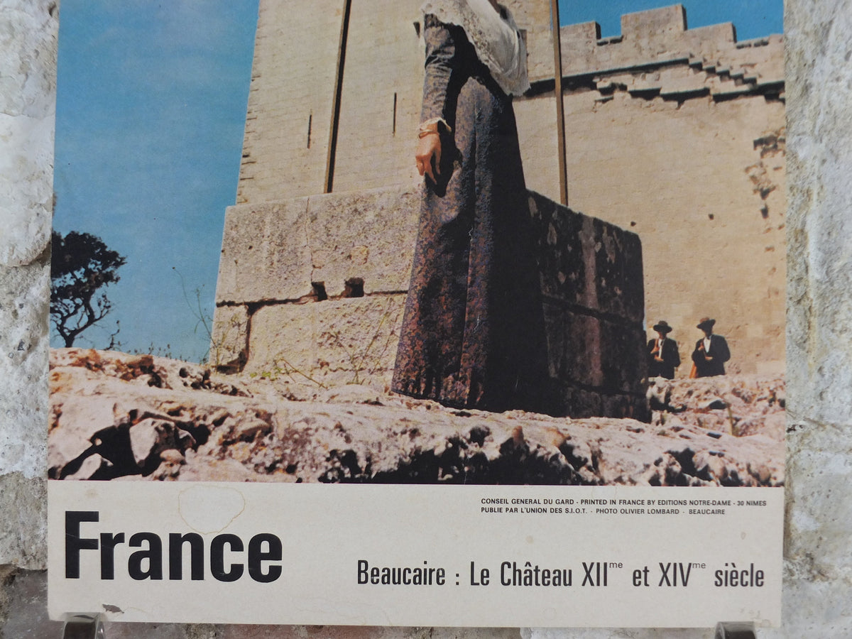 1960s Château de Beaucaire Nimes Poster, young lady in front of medieval castle, France, travel wall art decor