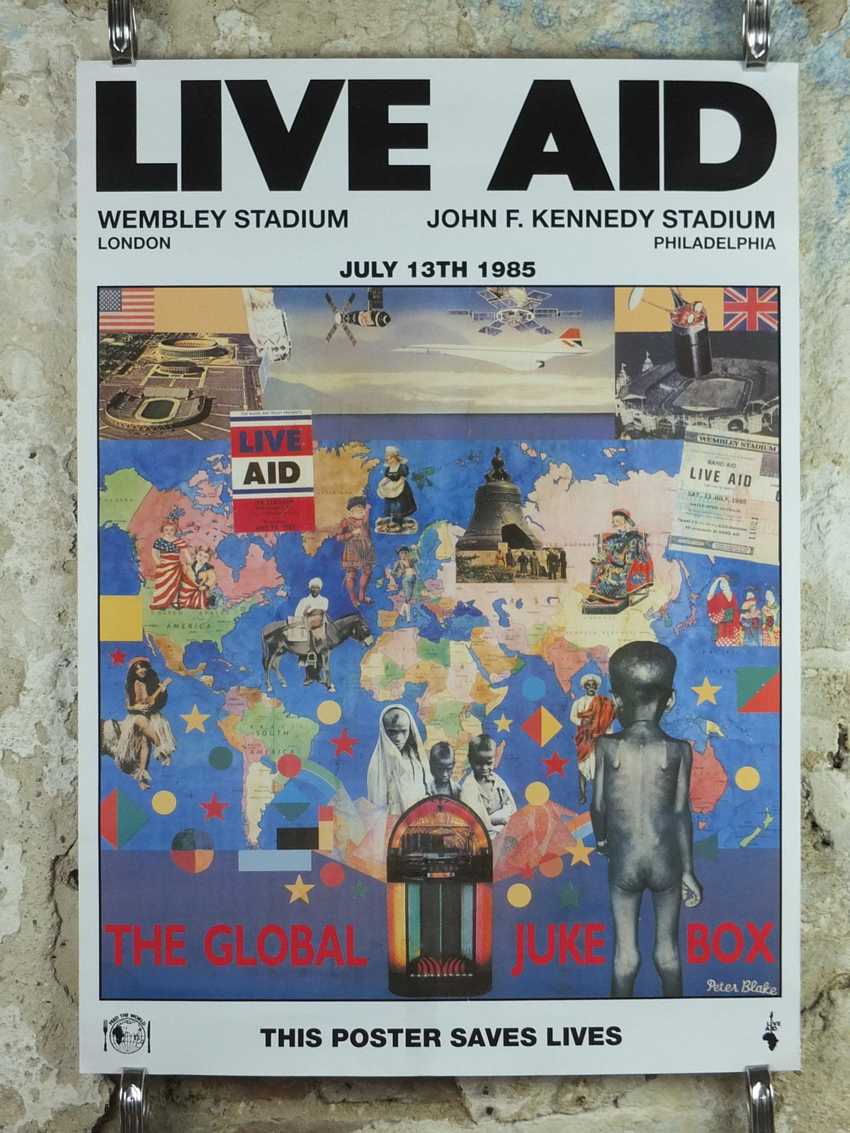 1985 Original Live Aid Poster, The Global Juke Box by Peter Blake, Wembley Stadium, John F. Kennedy Stadium, July 13th 1985, wall art decor