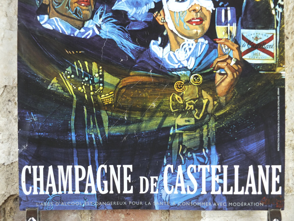 1990s Champagne de Castellane Poster, Masquerade ball, Epernay France, Viticulture print wall art decor