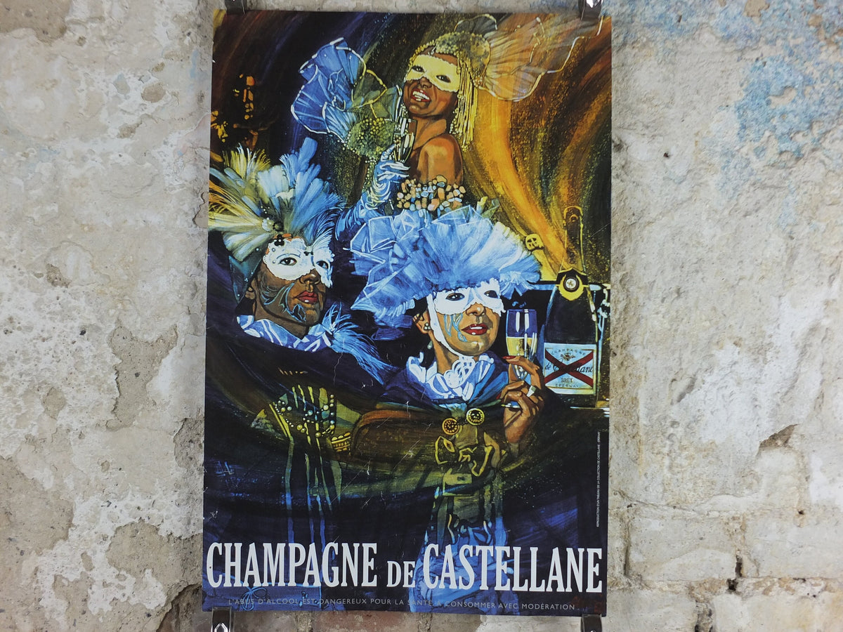 1990s Champagne de Castellane Poster, Masquerade ball, Epernay France, Viticulture print wall art decor