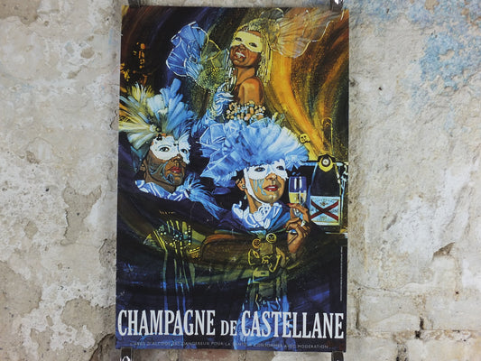 1990s Champagne de Castellane Poster, Masquerade ball, Epernay France, Viticulture print wall art decor