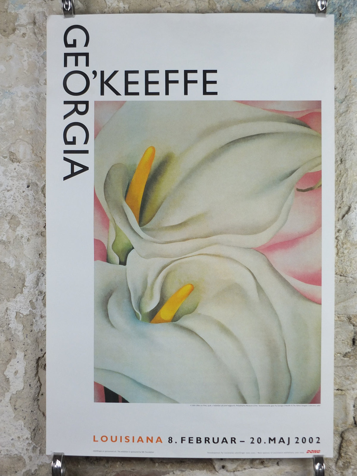 2002 Georgia O'Keeffe Poster, Two Calla lilies on Pink 1928, American modernism, Precisionism, gallery exhibition wall art decor