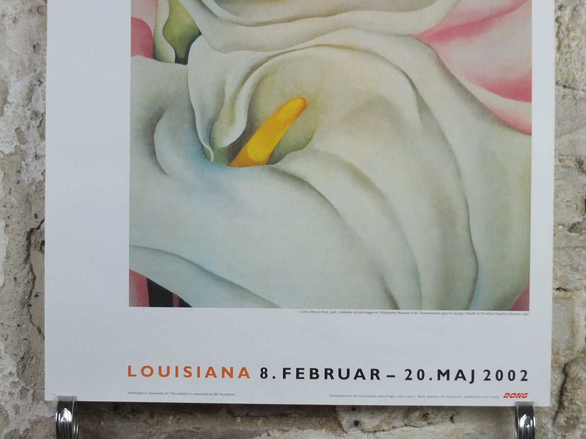 2002 Georgia O'Keeffe Poster, Two Calla lilies on Pink 1928, American modernism, Precisionism, gallery exhibition wall art decor