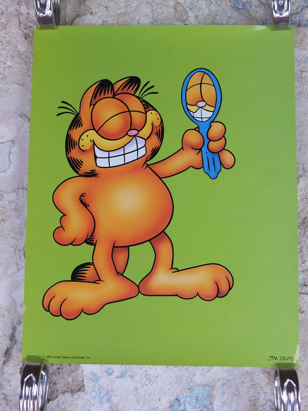 1978 Garfield Poster, Garfield with a Mirror, by Jim Davis, colourful print wall art retro decor