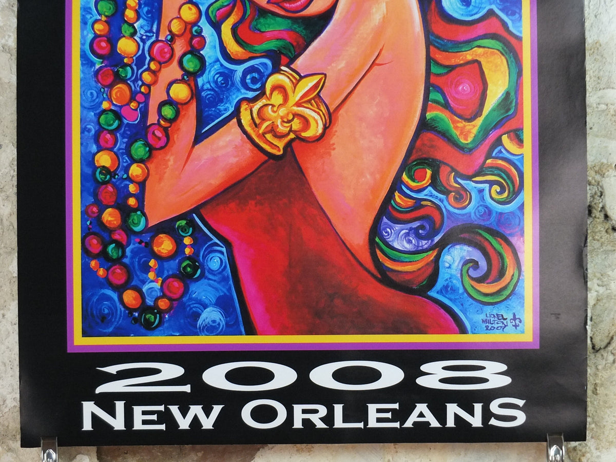2008 Mardi Gras New Orleans Poster, colourful woman at the carnival with rainbow air and beads, travel wall art decor