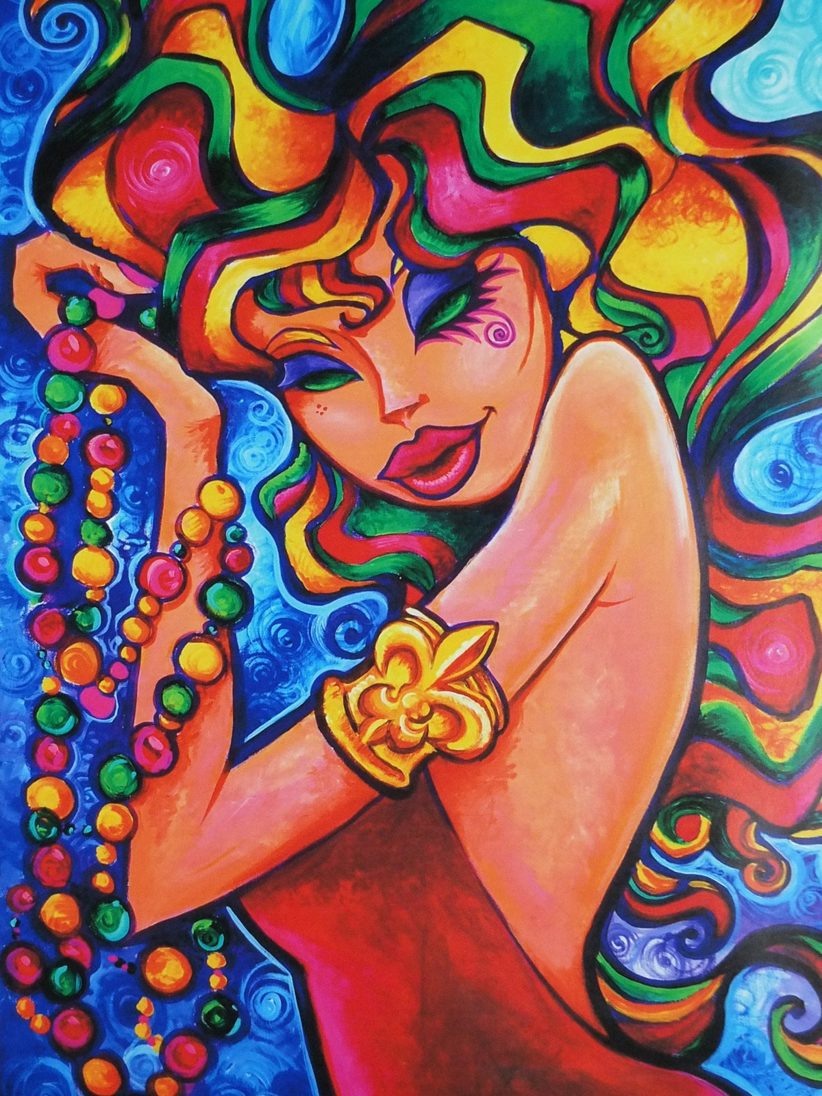 2008 Mardi Gras New Orleans Poster, colourful woman at the carnival with rainbow air and beads, travel wall art decor