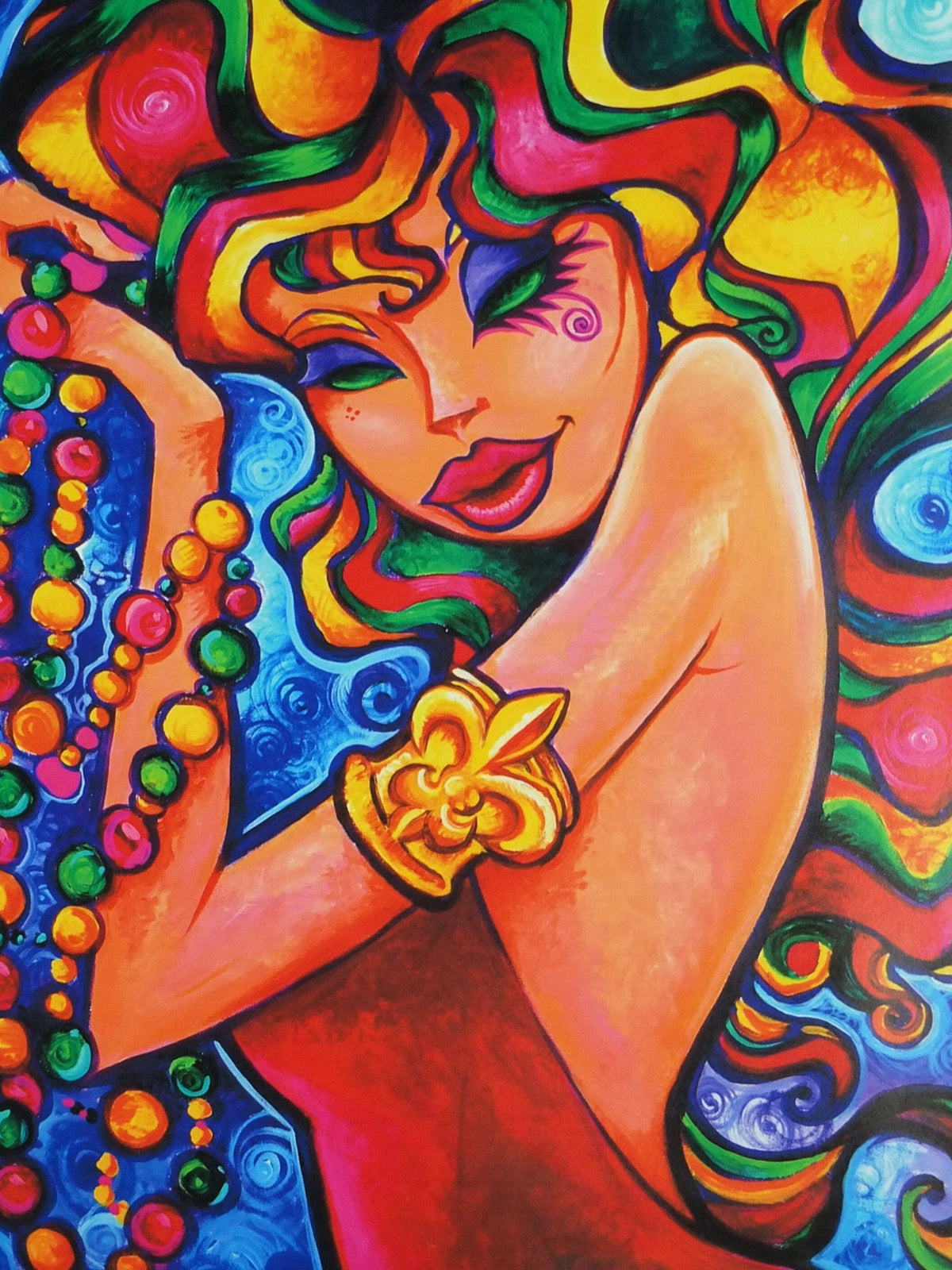 2008 Mardi Gras New Orleans Poster, colourful woman at the carnival with rainbow air and beads, travel wall art decor