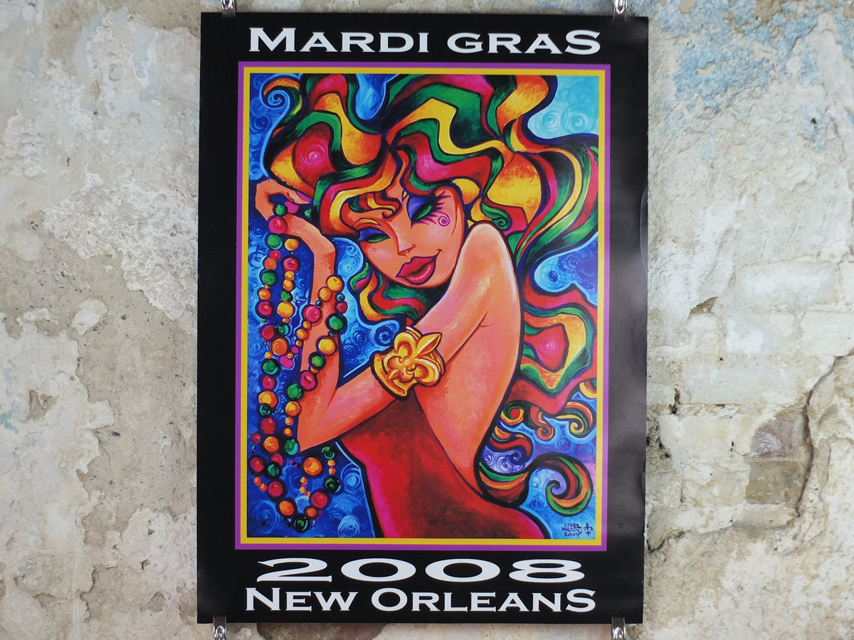 2008 Mardi Gras New Orleans Poster, colourful woman at the carnival with rainbow air and beads, travel wall art decor