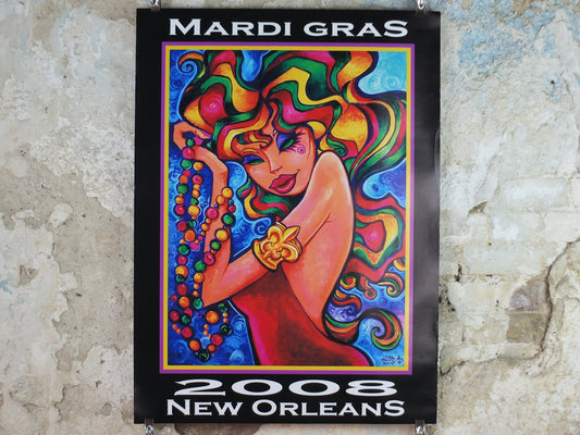 2008 Mardi Gras New Orleans Poster, colourful woman at the carnival with rainbow air and beads, travel wall art decor