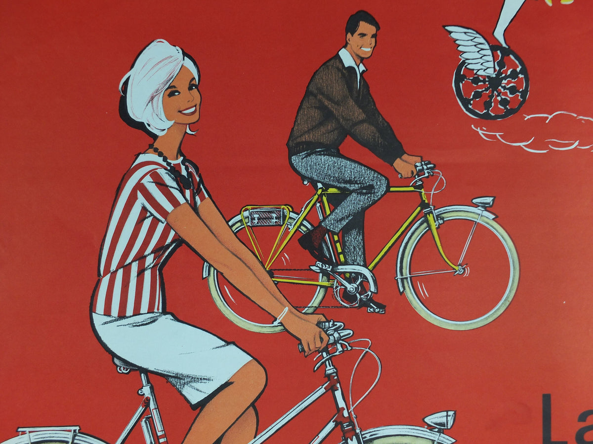 1950 Cycling Poster, French National Lottery, beautiful couple smiling and cycling in red, by Pierre Courrone, print wall art retro decor