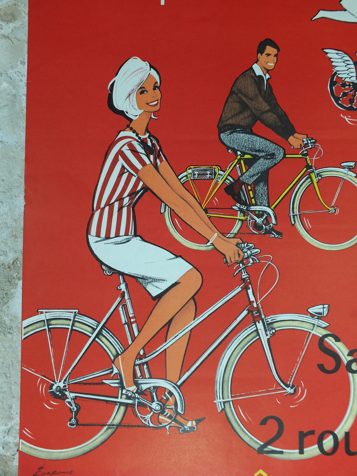 1950 Cycling Poster, French National Lottery, beautiful couple smiling and cycling in red, by Pierre Courrone, print wall art retro decor