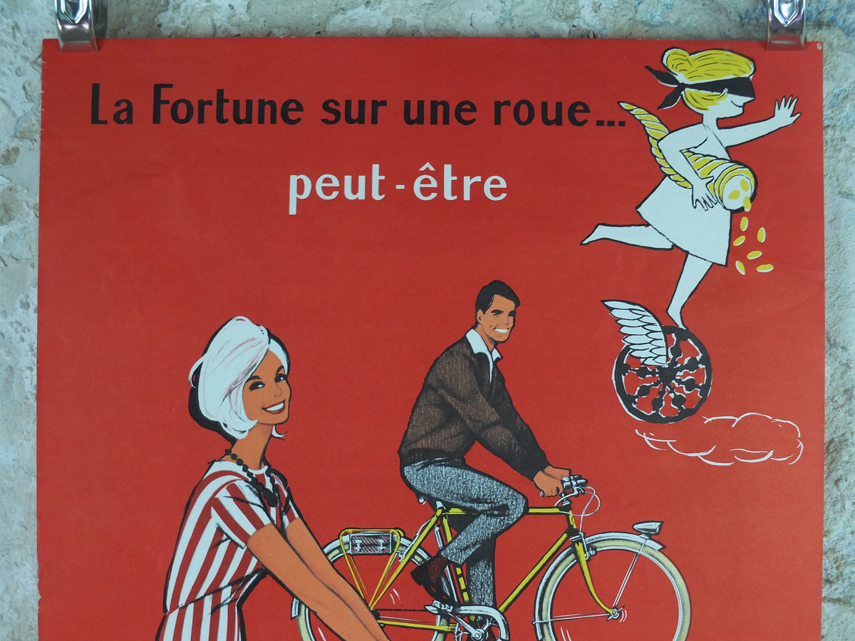 1950 Cycling Poster, French National Lottery, beautiful couple smiling and cycling in red, by Pierre Courrone, print wall art retro decor