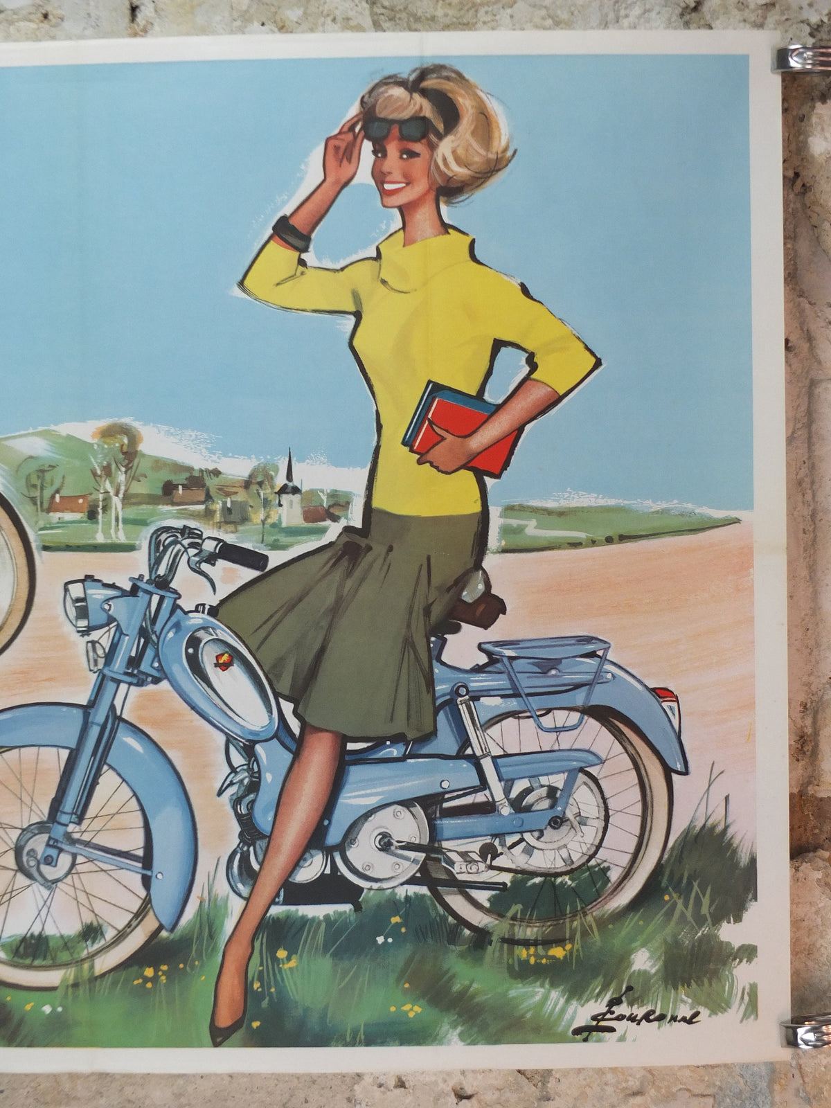 1950s Peugeot BB Moped Poster, elegantly beautiful French couple smiling and riding moped, by Pierre Courrone, print wall art retro decor