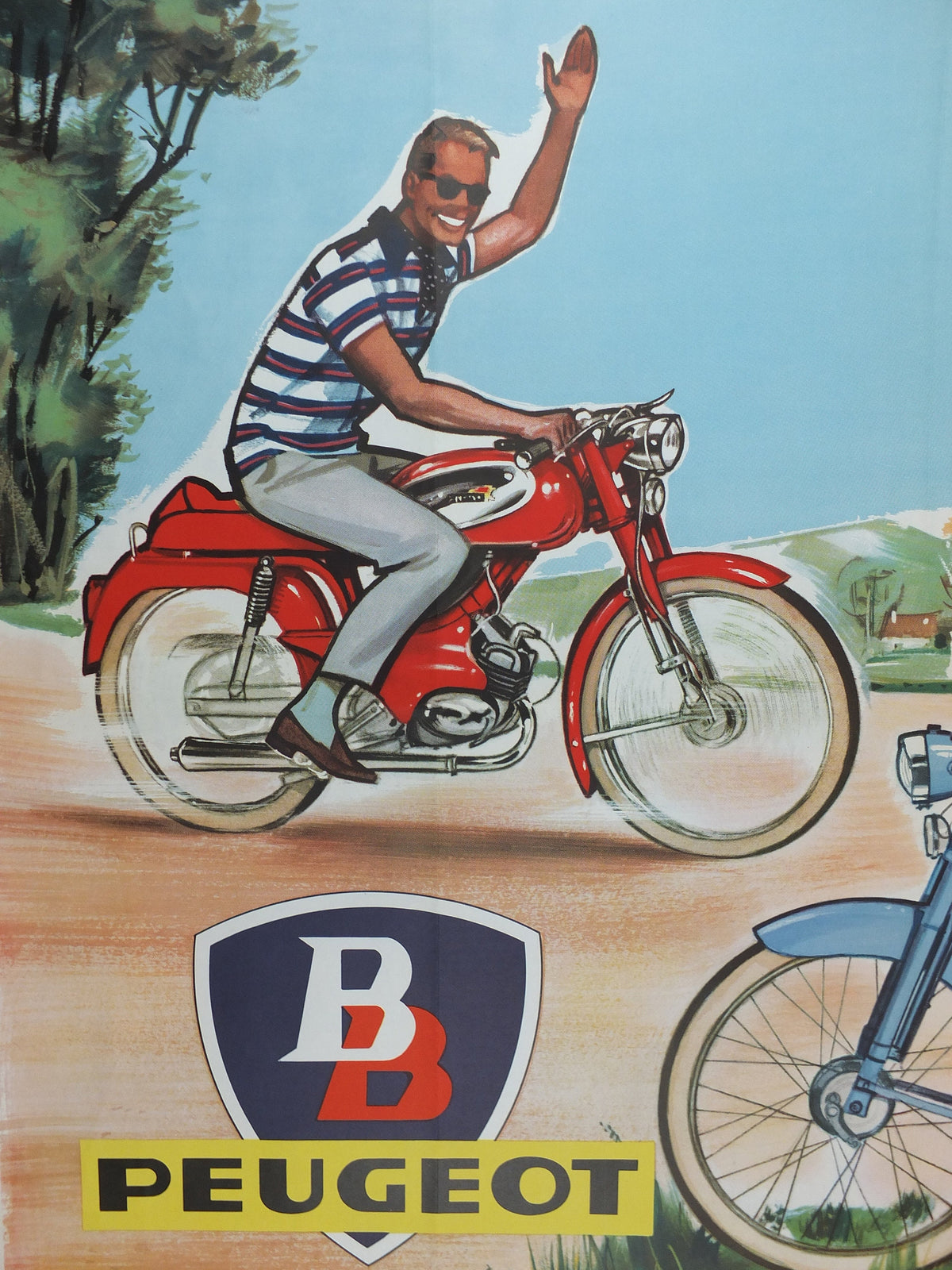 1950s Peugeot BB Moped Poster, elegantly beautiful French couple smiling and riding moped, by Pierre Courrone, print wall art retro decor