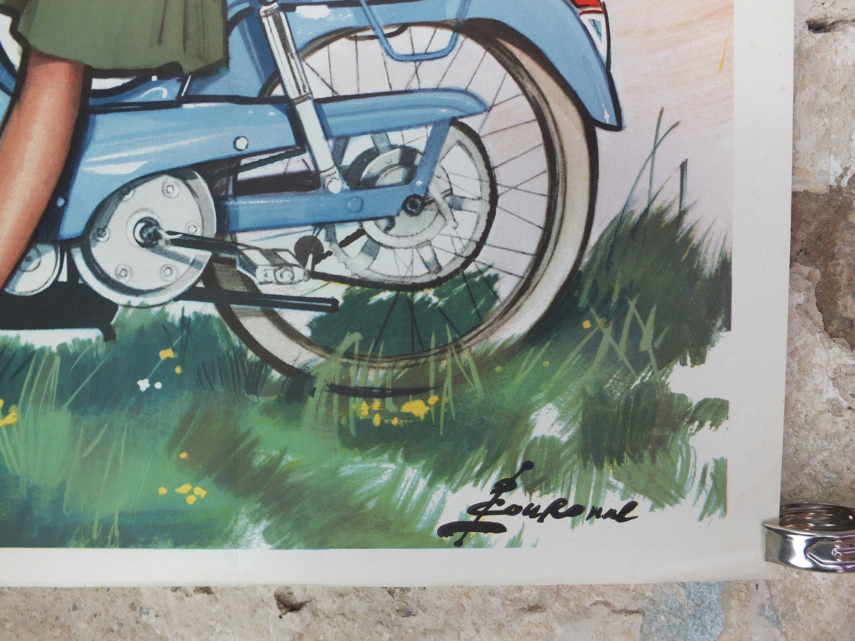 1950s Peugeot BB Moped Poster, elegantly beautiful French couple smiling and riding moped, by Pierre Courrone, print wall art retro decor
