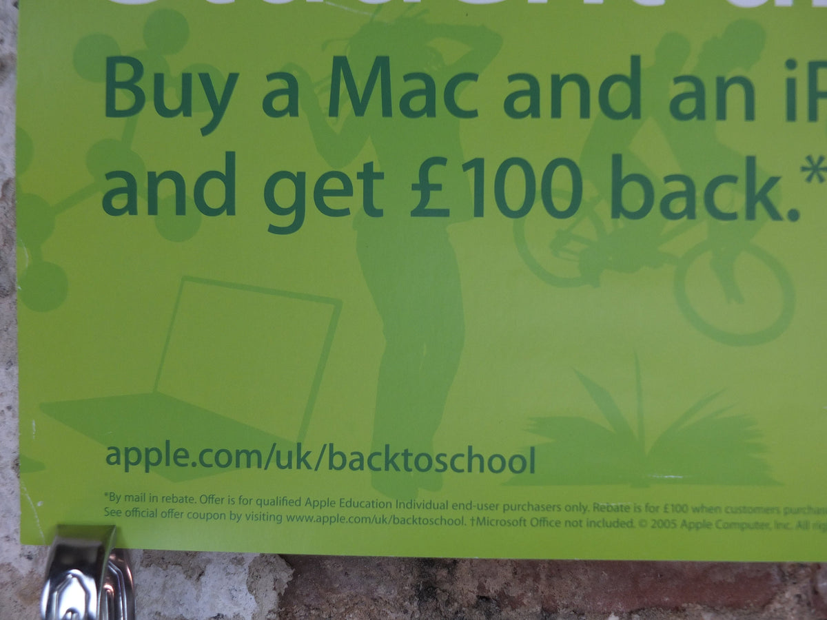2005 Apple Mac & iPod Poster, Student Union offer buy a Mac and iPod and get 100 back, computer and music player, retro wall art decor
