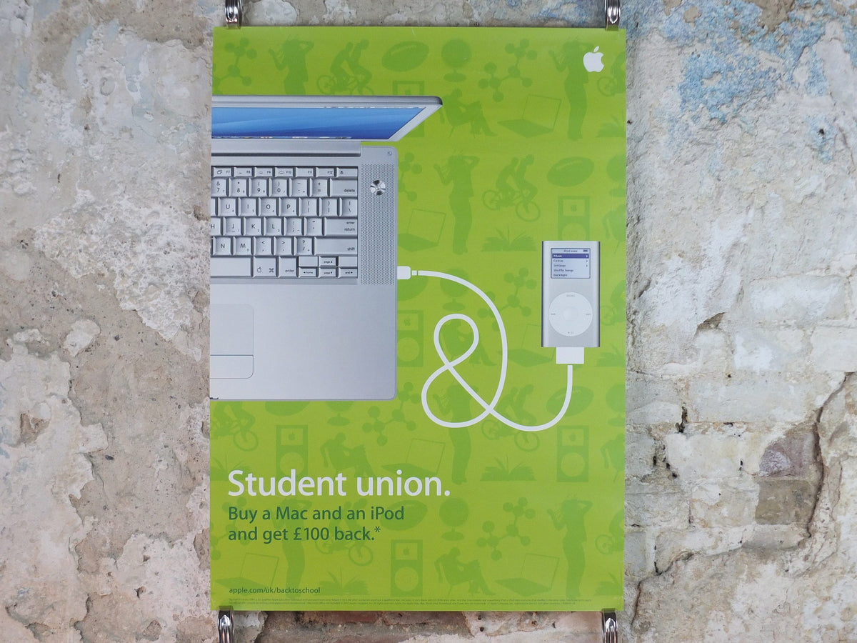 2005 Apple Mac & iPod Poster, Student Union offer buy a Mac and iPod and get 100 back, computer and music player, retro wall art decor