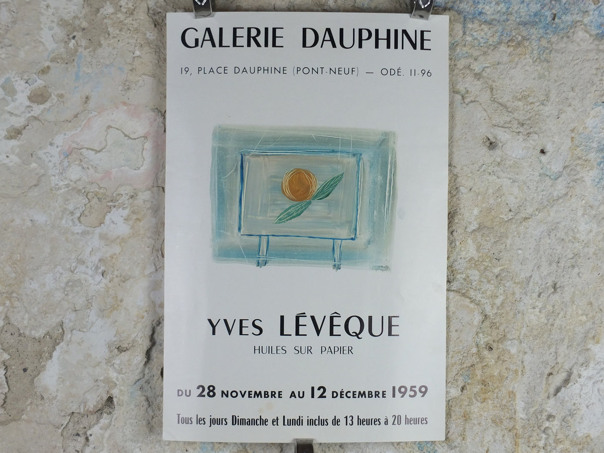 1959 Yves Lévêque Poster, naive art, fruit on a table, oils on paper, artist gallery exhibition, wall art decor