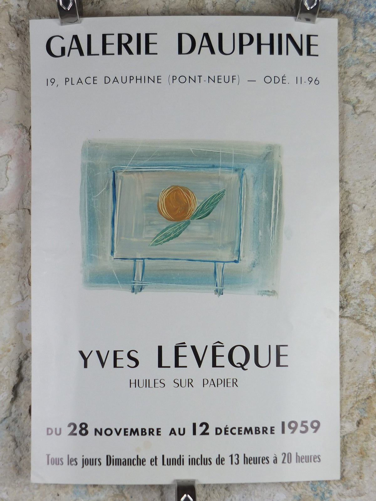 1959 Yves Lévêque Poster, naive art, fruit on a table, oils on paper, artist gallery exhibition, wall art decor