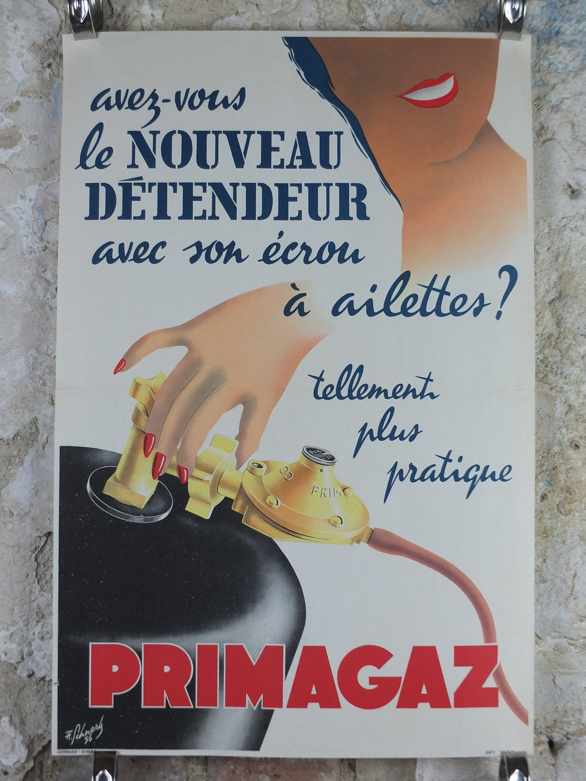 1956 Primagaz Poster, she smiles, original French gas heating advertising, home heating, industrial art, wall retro decor