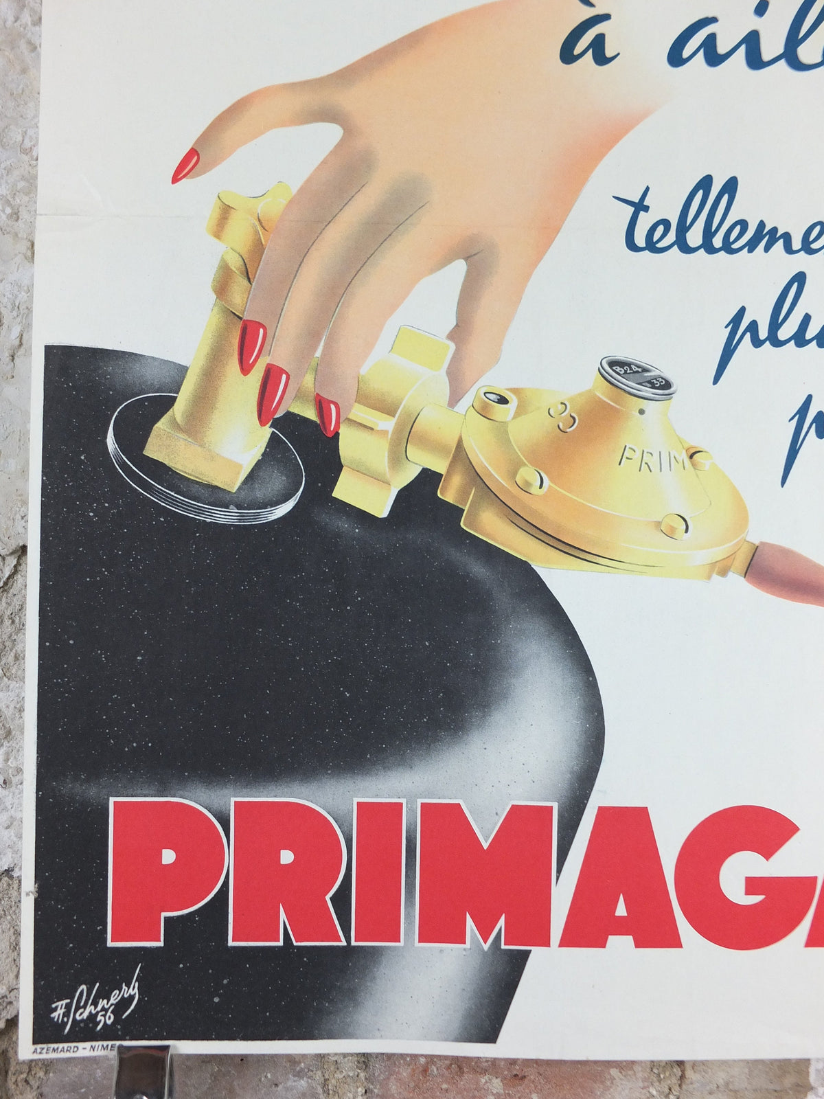 1956 Primagaz Poster, she smiles, original French gas heating advertising, home heating, industrial art, wall retro decor