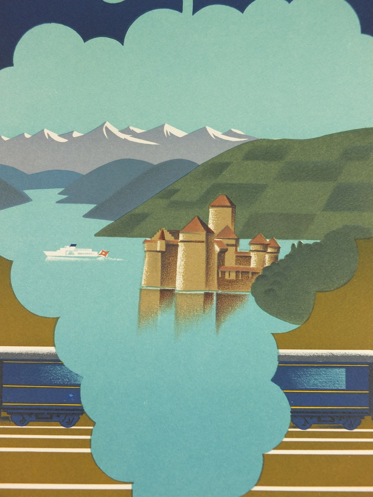 Original Venice Simplon Orient Express Poster, The Alps by Fix Masseau, Grapes, 1985 limited edition of 200, train, art deco, wall art decor