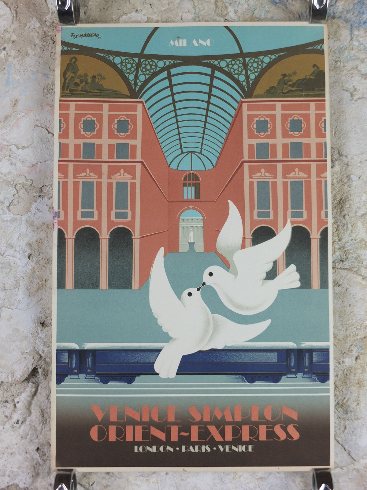 Original Venice Simplon Orient Express Poster, Milan by Fix Masseau, Doves, 1985 limited edition of 200, train, art deco, wall art decor