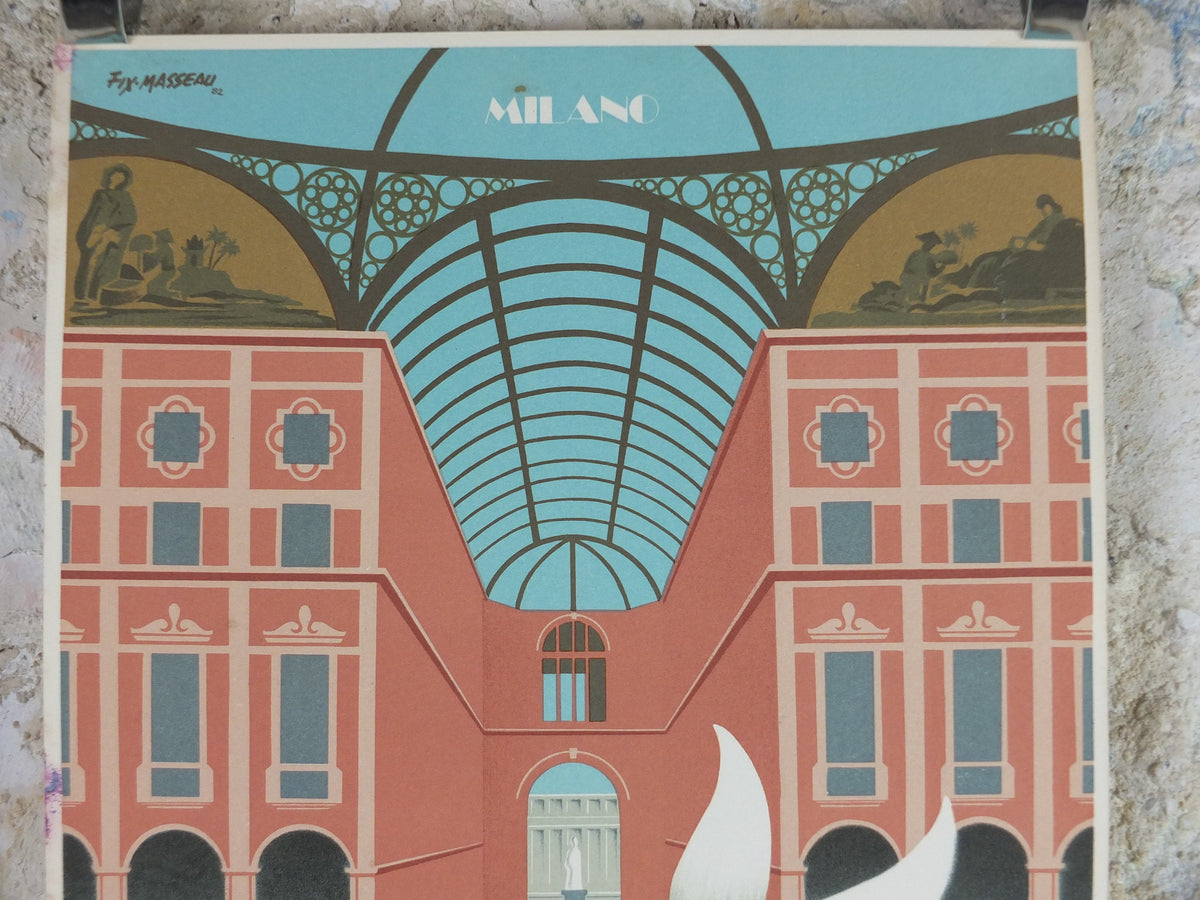 Original Venice Simplon Orient Express Poster, Milan by Fix Masseau, Doves, 1985 limited edition of 200, train, art deco, wall art decor