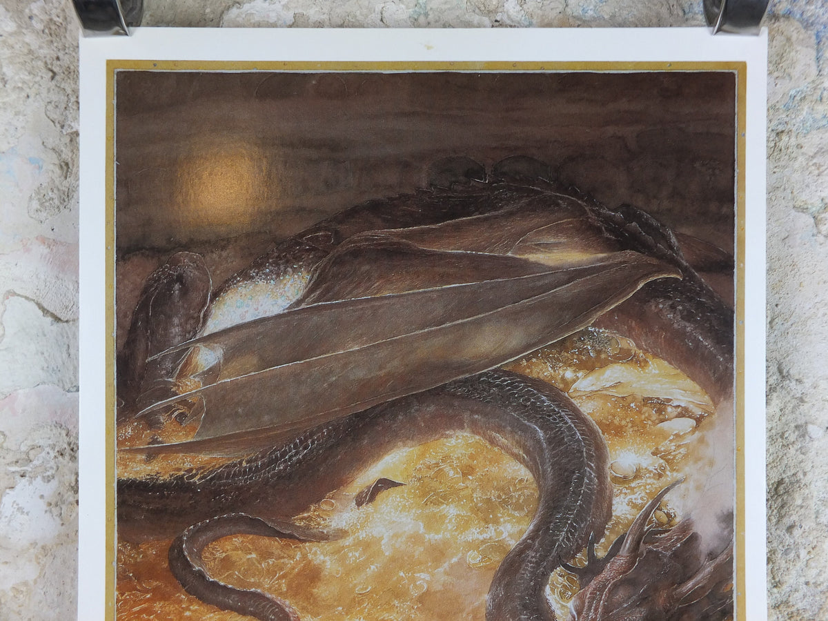 Signed 1997 Smaug Poster, by Alan Lee, Under the Lonely Mountain from The Hobbit, J.R.R. Tolkien, Erebor, illustration print wall art decor