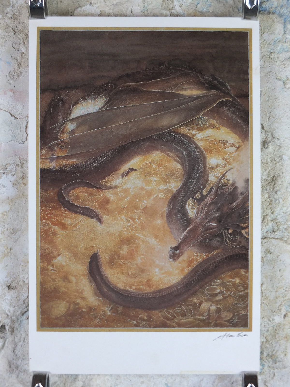 Signed 1997 Smaug Poster, by Alan Lee, Under the Lonely Mountain from The Hobbit, J.R.R. Tolkien, Erebor, illustration print wall art decor