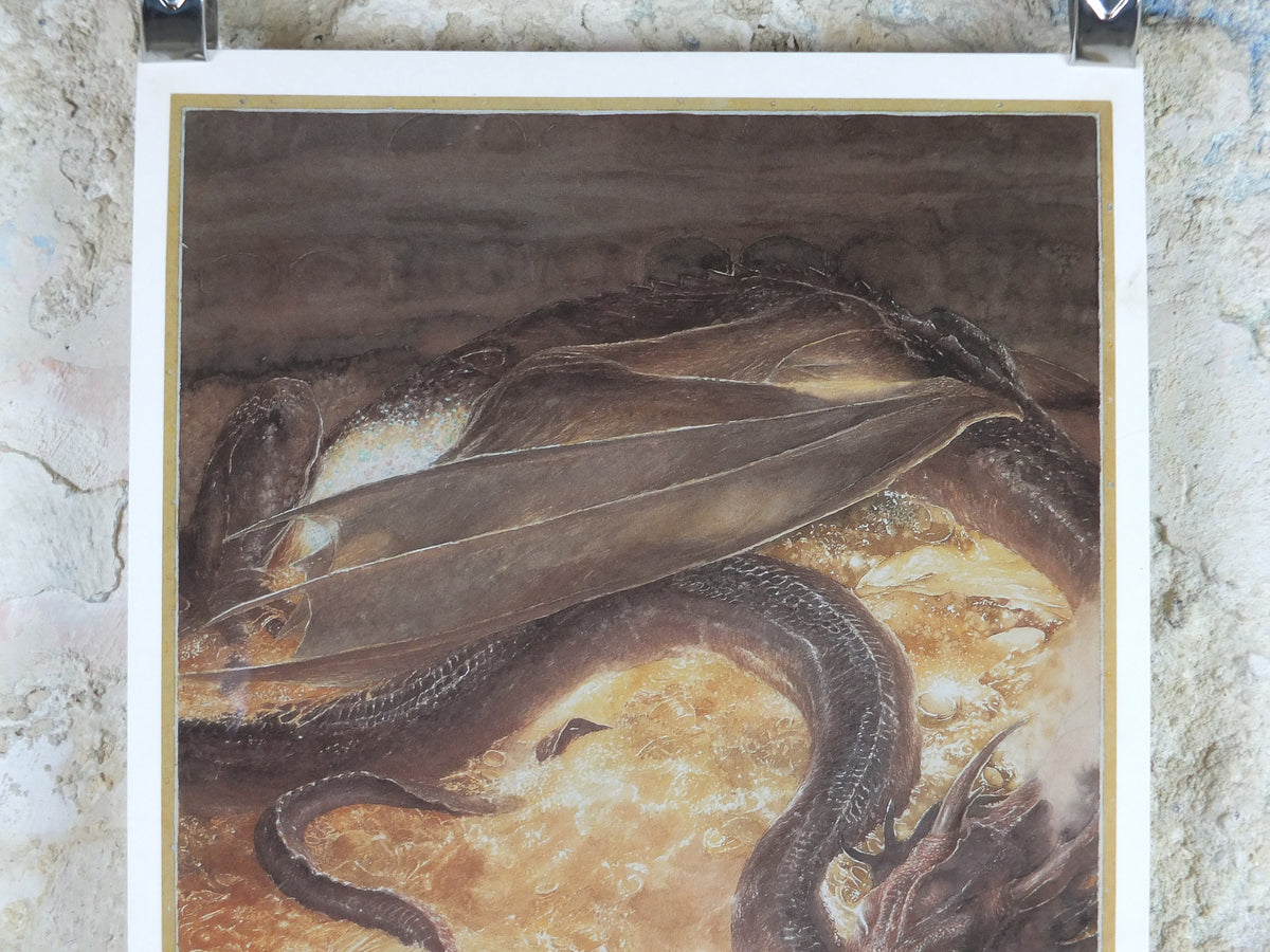 Signed 1997 Smaug Poster, by Alan Lee, Under the Lonely Mountain from The Hobbit, J.R.R. Tolkien, Erebor, illustration print wall art decor