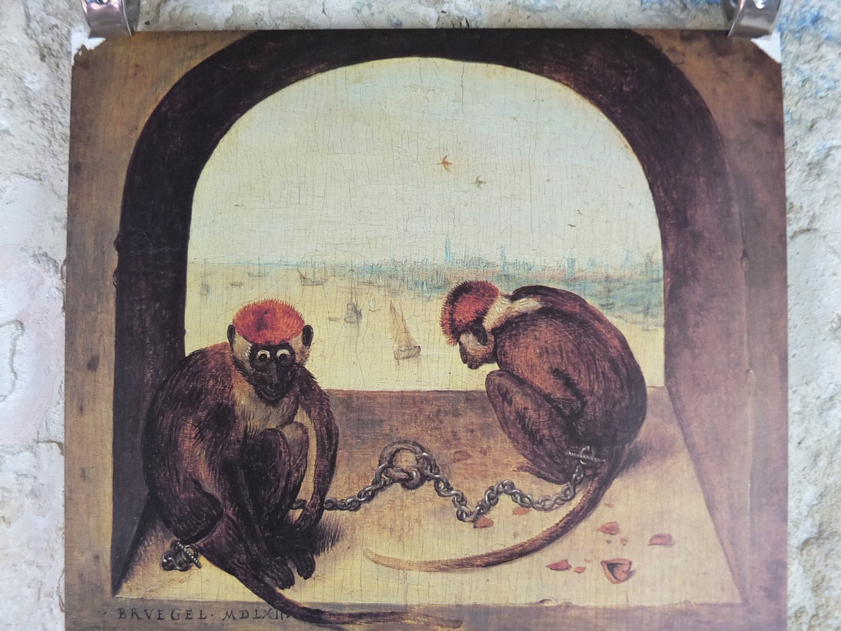 1980 Bruegel Poster, Two Chained Monkeys 1562, Pieter Bruegel the Elder, Dutch and Flemish artist gallery exhibition, wall art decor