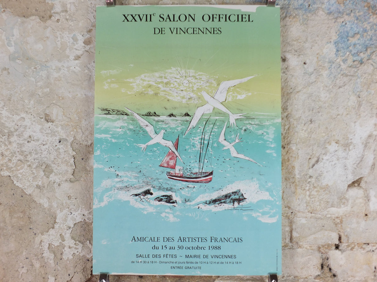 1988 French coastal fishing Poster, seascape and coastal art at Vincennes, Paris, artist gallery exhibition, wall art decor