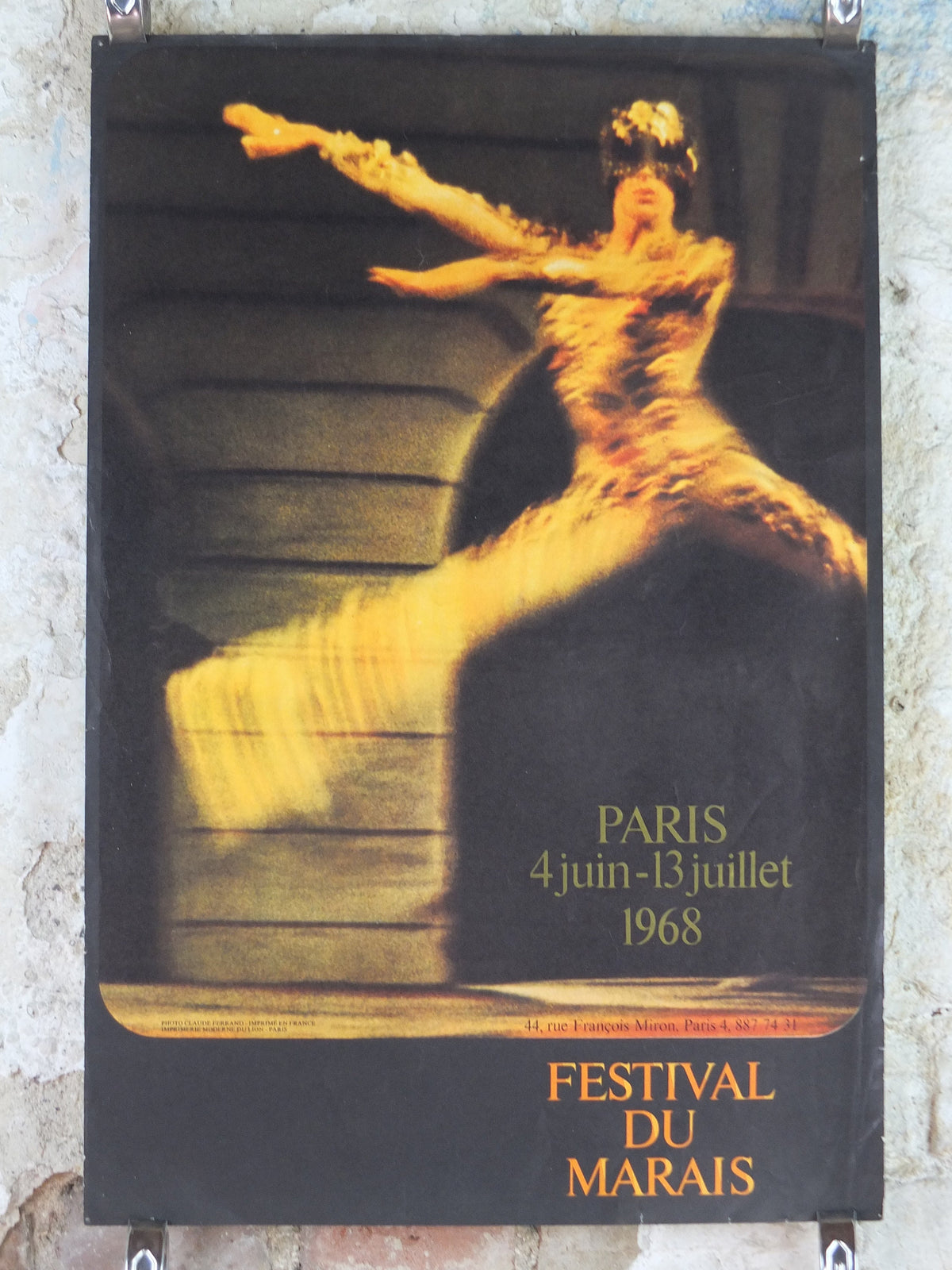 1968 Festival du Marias Poster, ballet with leaping masked classical dancer, Parisian festival, wall art decor