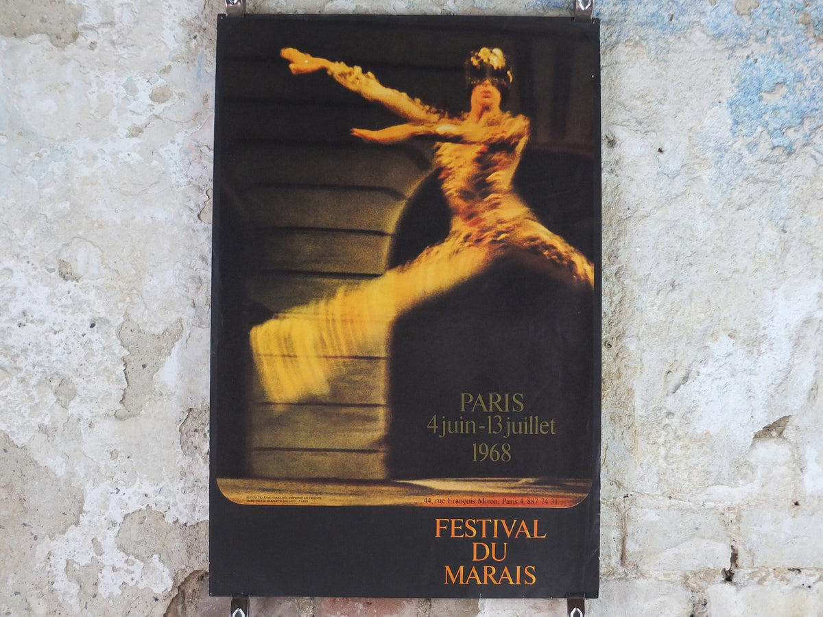 1968 Festival du Marias Poster, ballet with leaping masked classical dancer, Parisian festival, wall art decor
