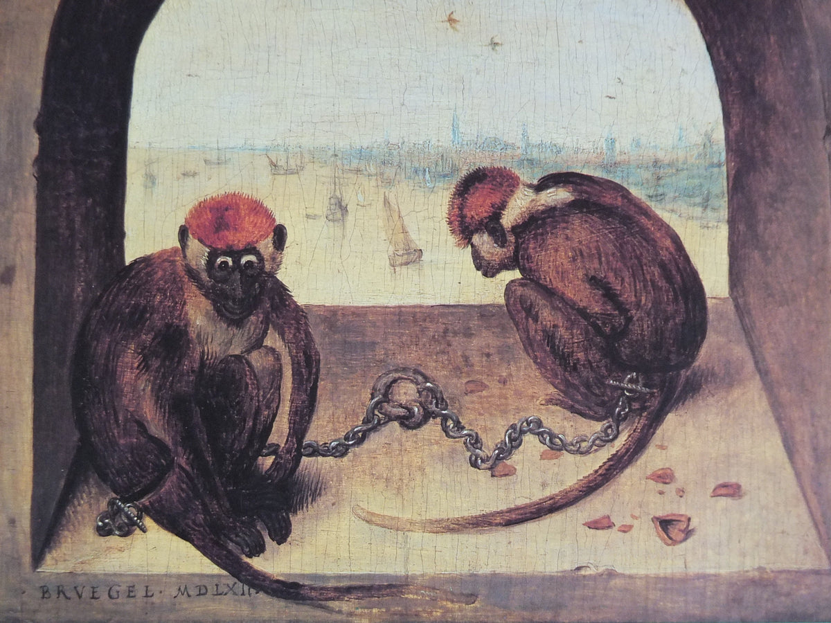 1980 Bruegel Poster, Two Chained Monkeys 1562, Pieter Bruegel the Elder, Dutch and Flemish artist gallery exhibition, wall art decor