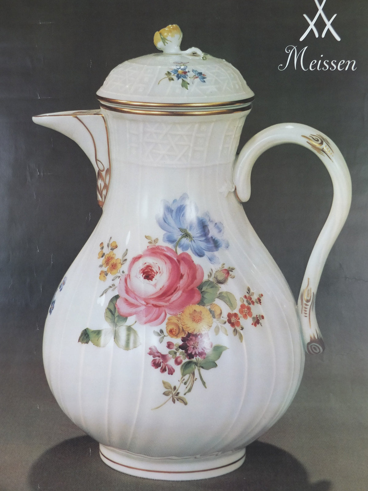 1980s Meissen China Poster, floral jug, Porcelain from DDR, hard paste, wall art decor