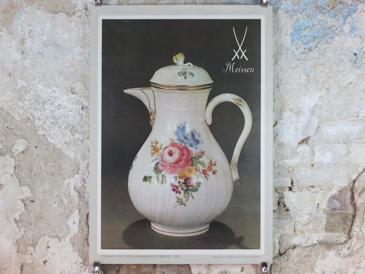 1980s Meissen China Poster, floral jug, Porcelain from DDR, hard paste, wall art decor