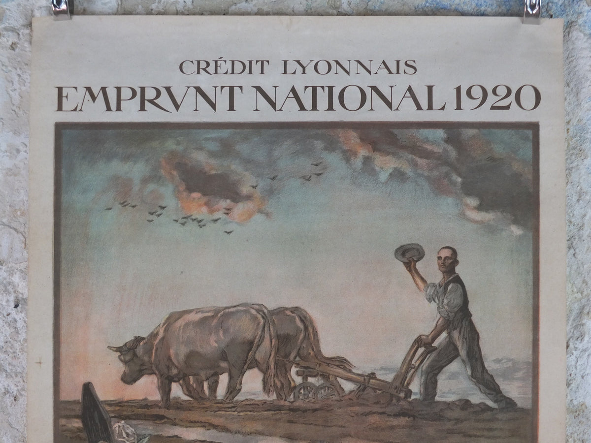1920 French WW1 War Bond Poster, by Abel Faivre, Credit Lyonnais, Embrunt National 1920, original antique, wall art decor