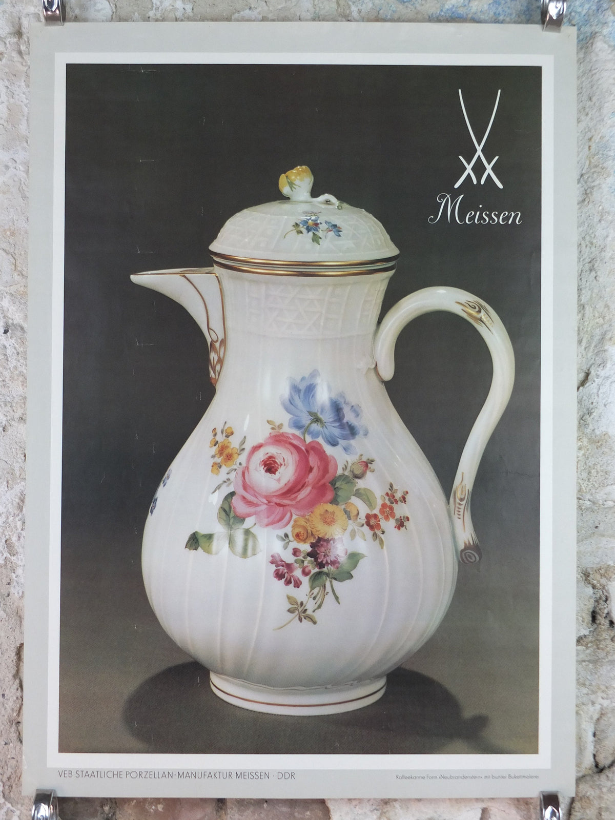 1980s Meissen China Poster, floral jug, Porcelain from DDR, hard paste, wall art decor