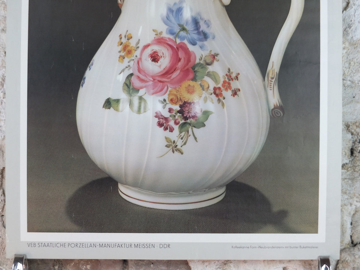 1980s Meissen China Poster, floral jug, Porcelain from DDR, hard paste, wall art decor