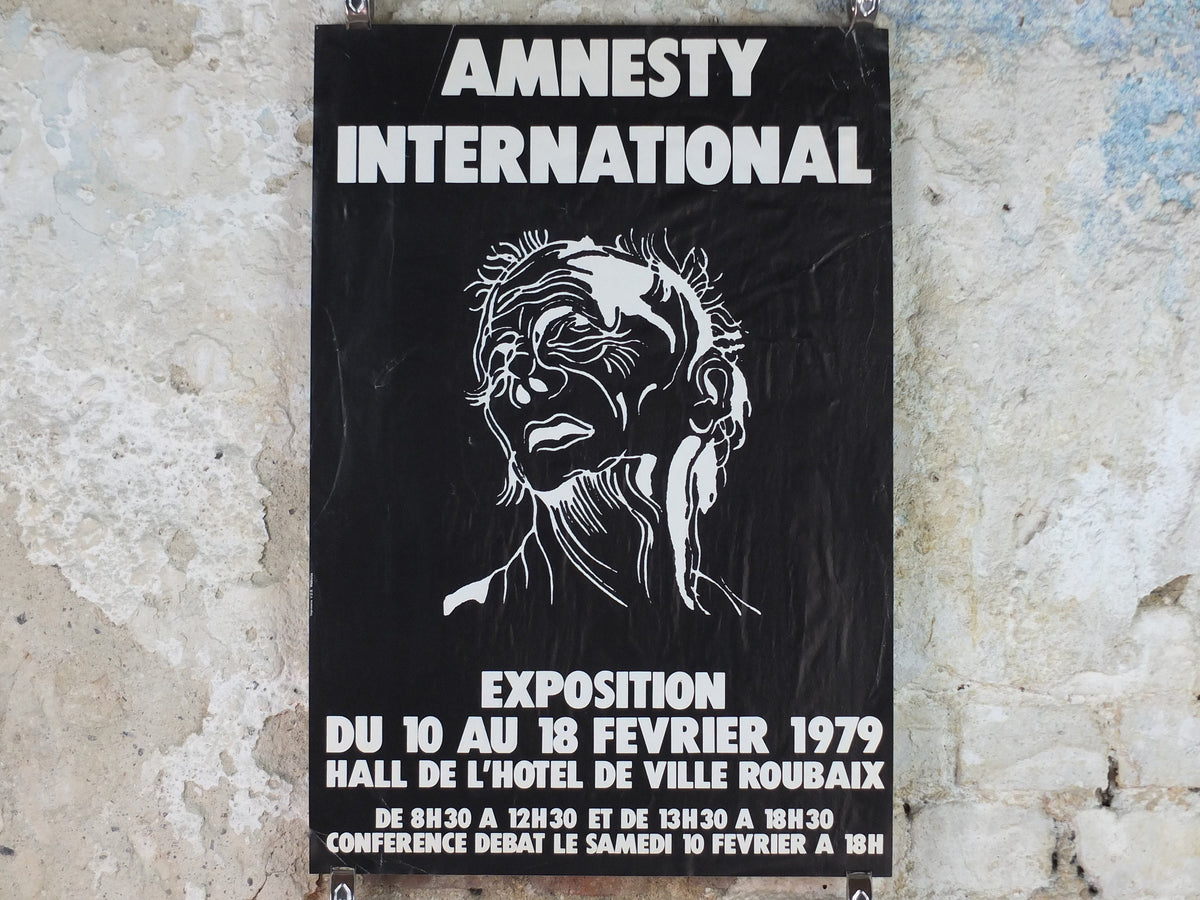 1979 Amnesty International Poster, monochrome drawing white on black of a pained face, Human Rights, wall art decor