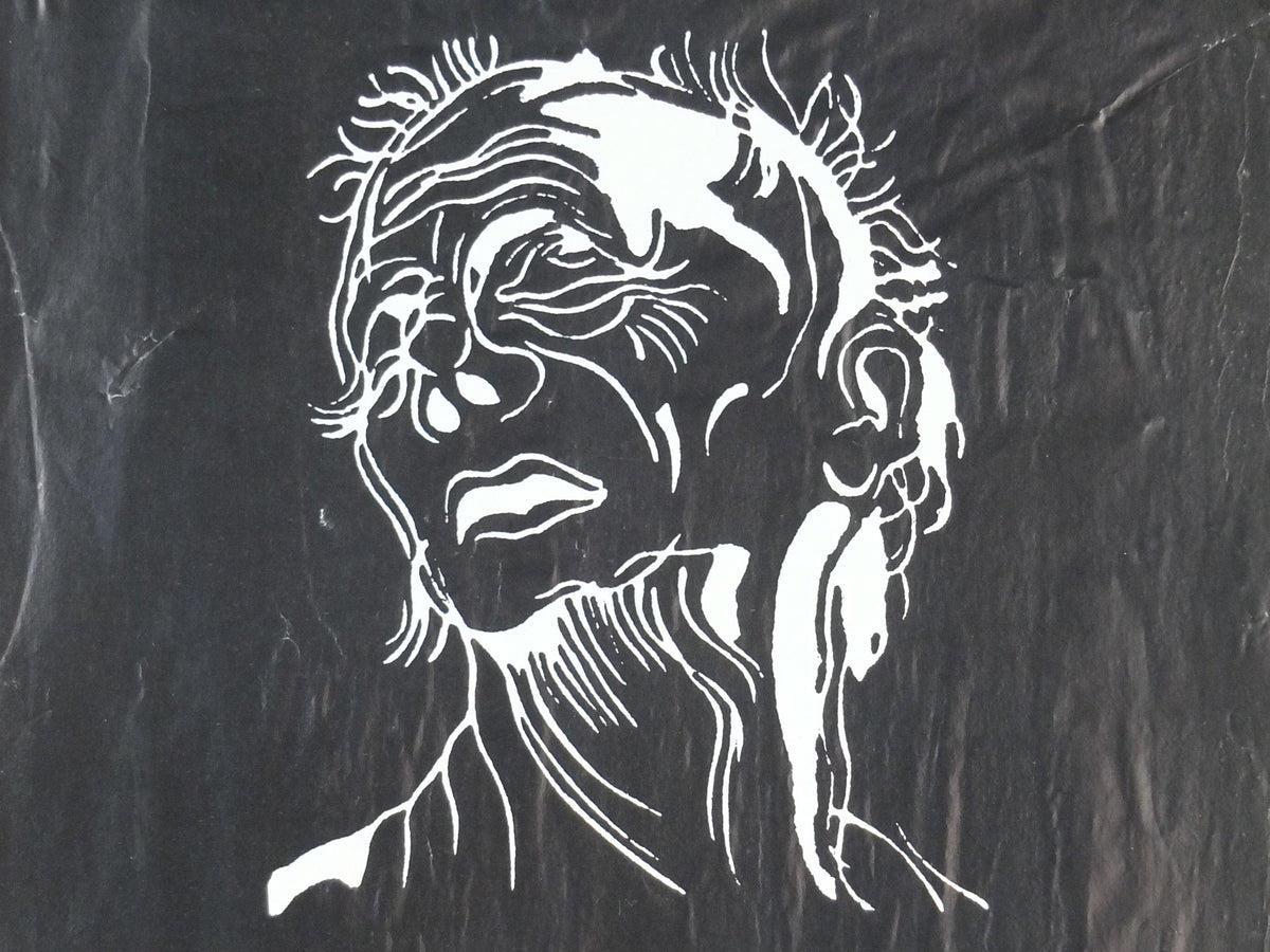 1979 Amnesty International Poster, monochrome drawing white on black of a pained face, Human Rights, wall art decor