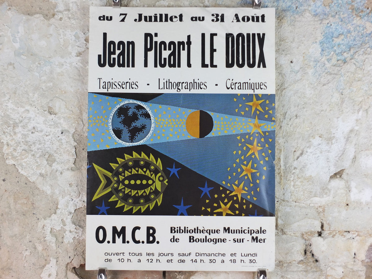 1977 Jean Picart Le Doux Poster, planets, moon, lots of stars, fish and eclipse, French painter, wall art decor