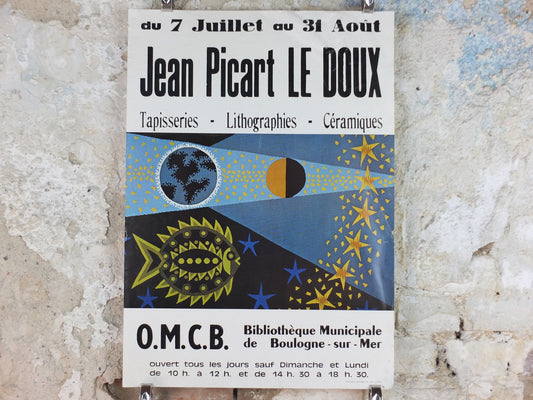 1977 Jean Picart Le Doux Poster, planets, moon, lots of stars, fish and eclipse, French painter, wall art decor