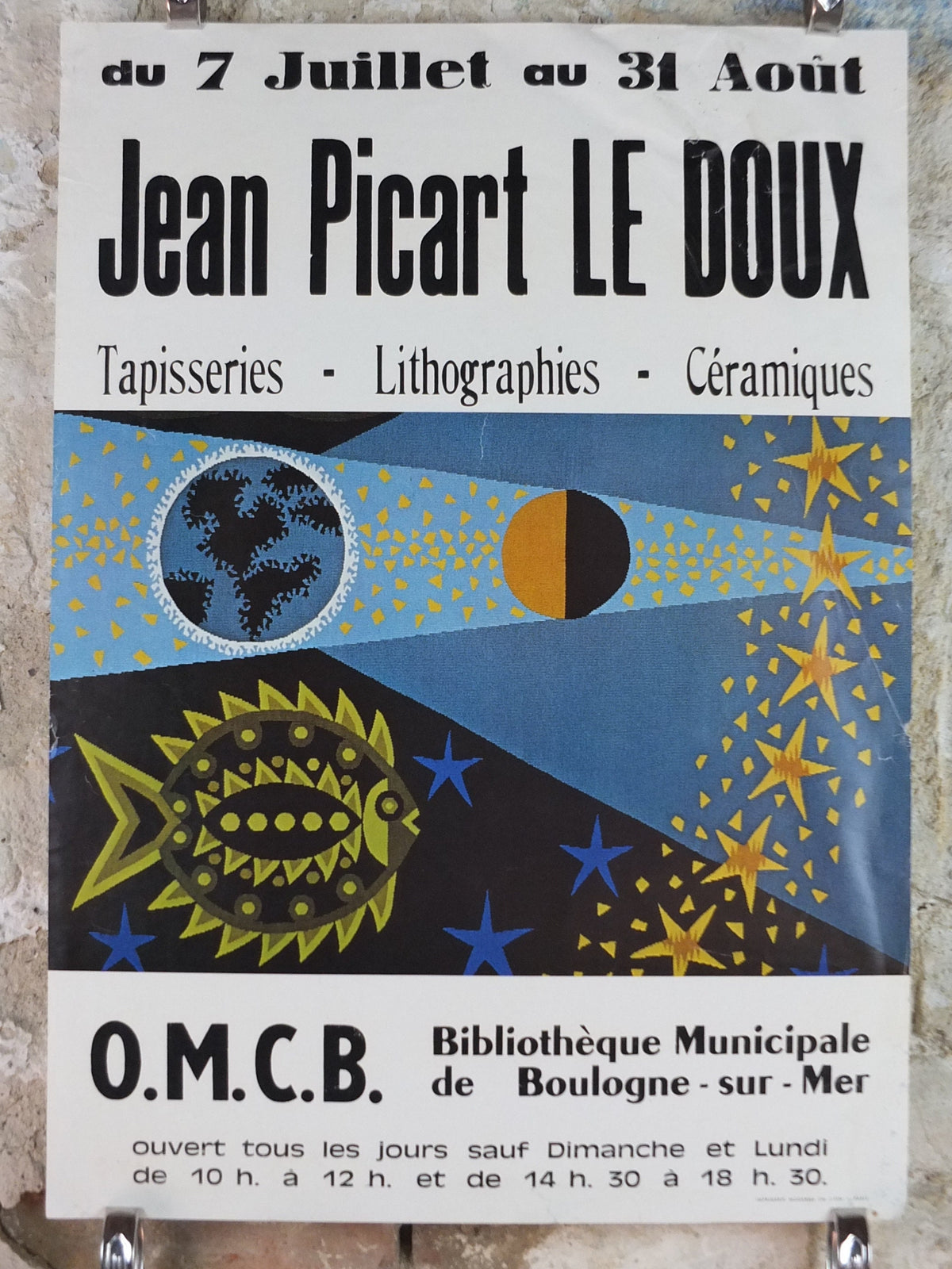 1977 Jean Picart Le Doux Poster, planets, moon, lots of stars, fish and eclipse, French painter, wall art decor